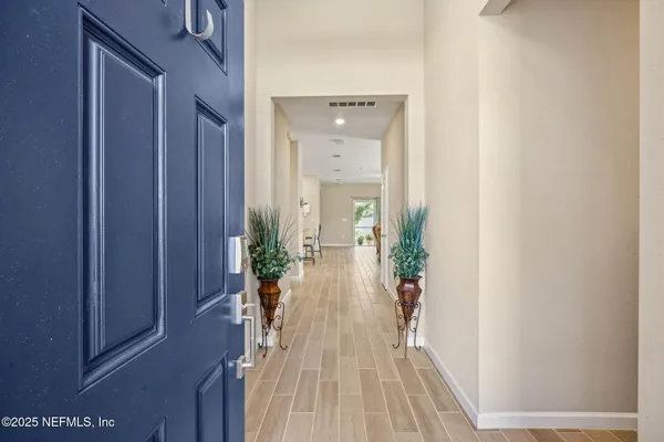 a view of a hallway with wooden floor and a potted plant