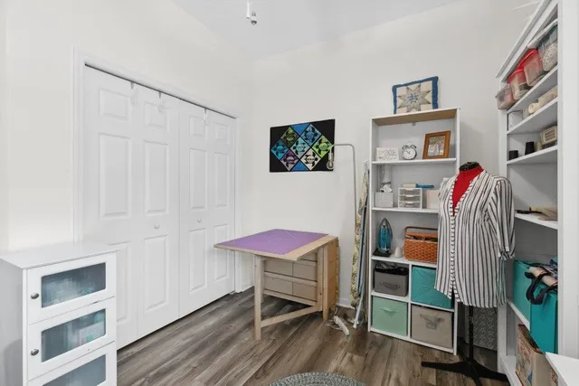 a view of a bedroom with furniture and closet