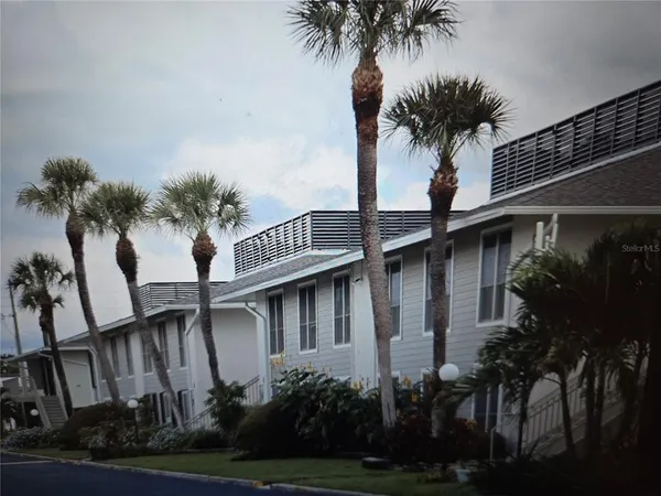 a view of palm trees in front of house