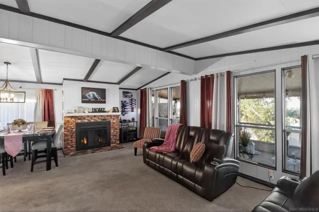 a living room with furniture a fireplace and a floor to ceiling window