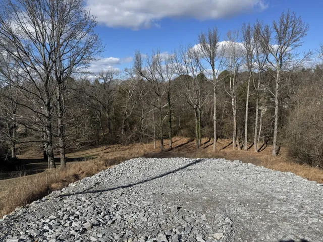 a view of a road with a yard covered with snow in the background
