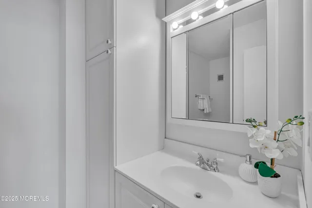 a bathroom with a shower curtain and a sink