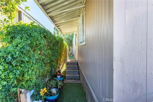 a view of a porch with potted plants