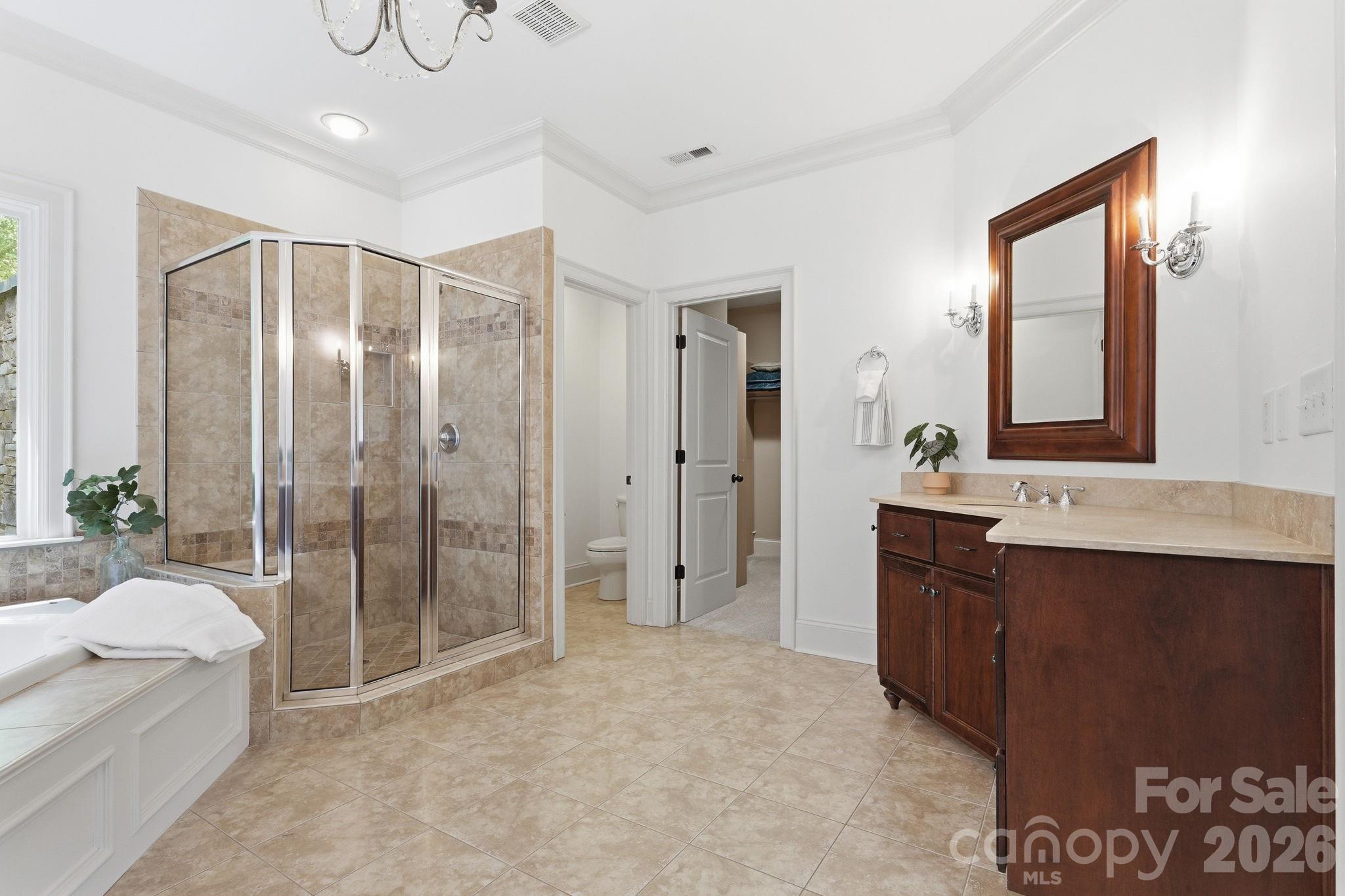 235 Grey Road Davidson, NC 28036 - Photo 18 of 42 a spacious bathroom with a shower a sink and a mirror