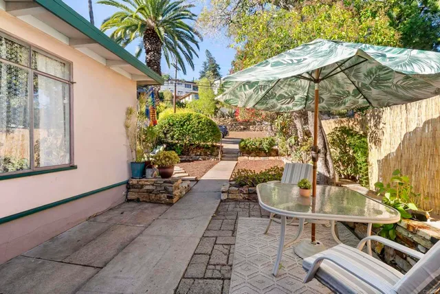a backyard of a house with outdoor seating