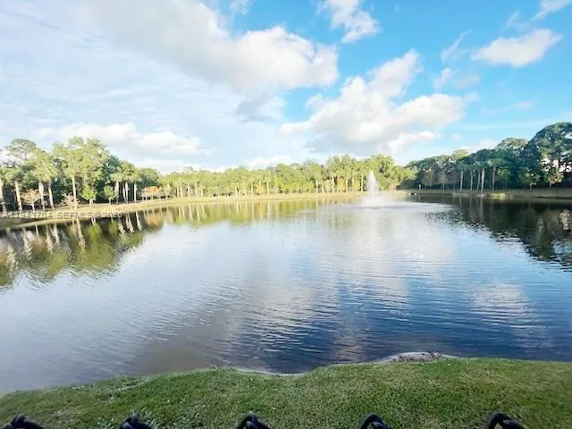 a view of a lake with houses in the back