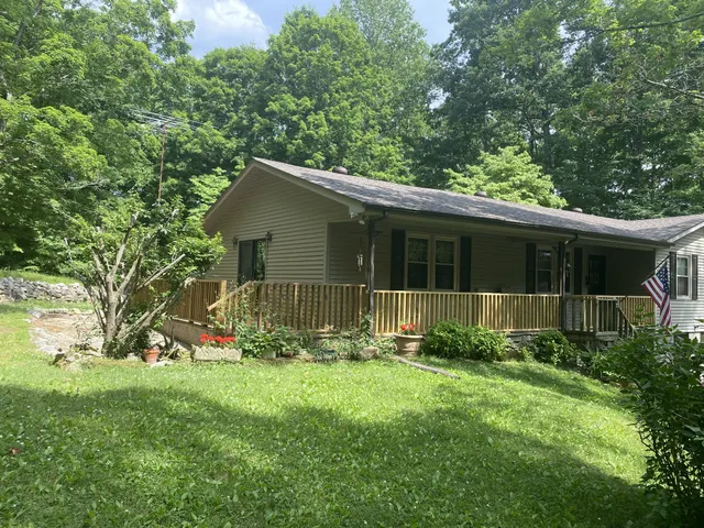 a view of a house with a yard and a large tree