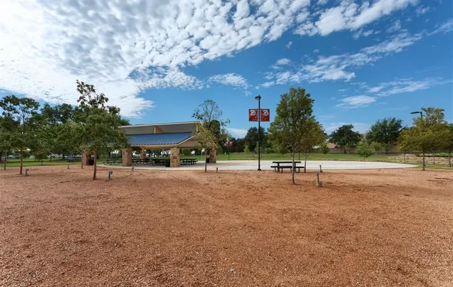 a view of a park with large trees