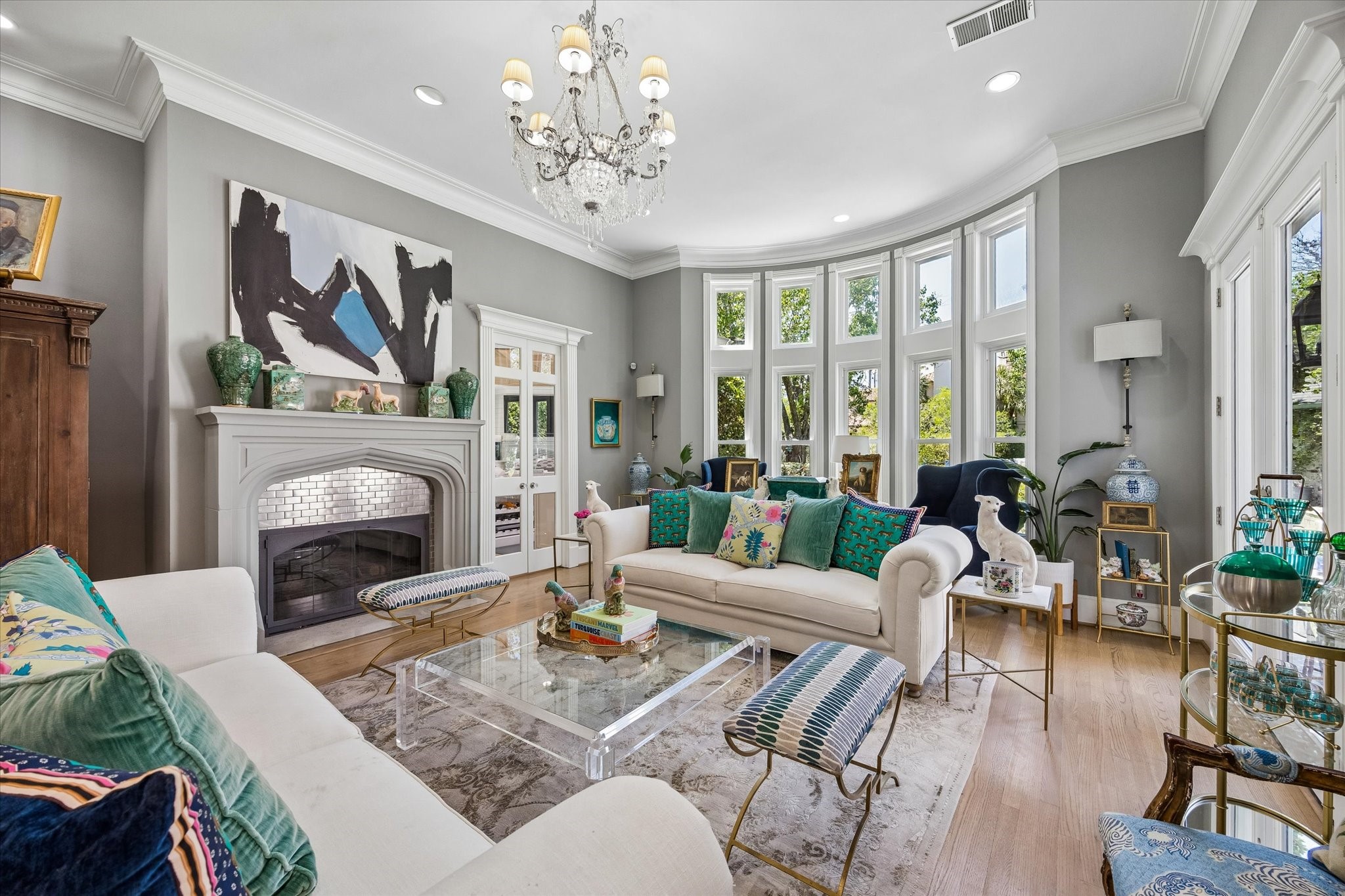597 Piney Point Road Piney Point Village, TX 77024 - Photo 3 of 39 Formal Living area with high ceilings, classic moldings and fireplace.
