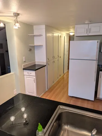 a kitchen with a sink and a refrigerator