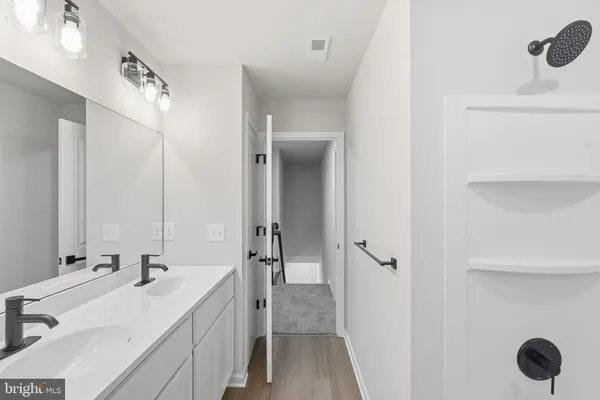 a bathroom with a double vanity sink mirror and shower