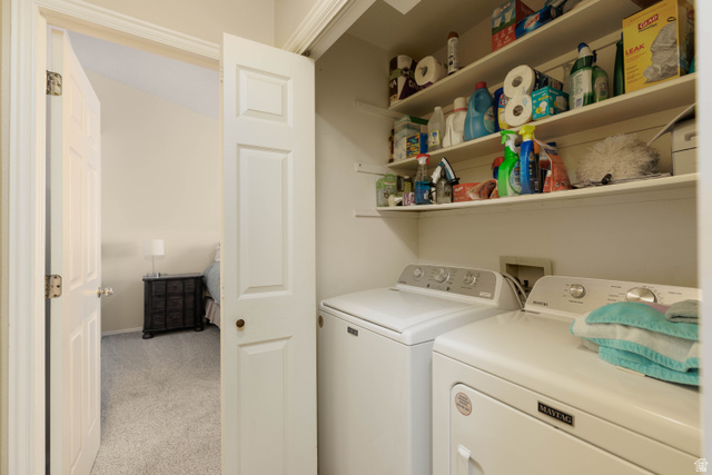 161 West 950 South, Unit S4 St. George, UT 84770 - Photo 12 of 21 Laundry area featuring light carpet and washing machine and clothes dryer