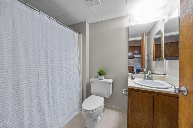 a bathroom with a sink a toilet and shower curtain