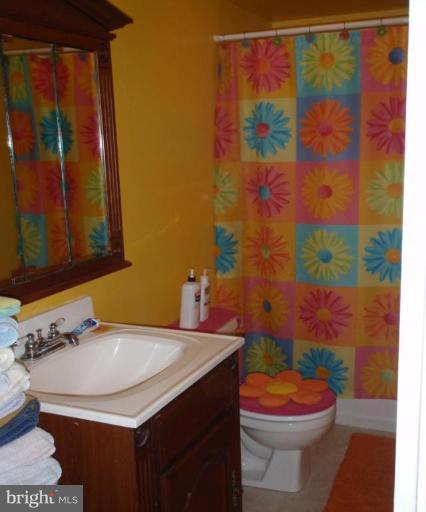 7917 Shore Road Sparrows Point, MD 21219 - Photo 13 of 16 a bathroom with a sink a toilet and shower curtain