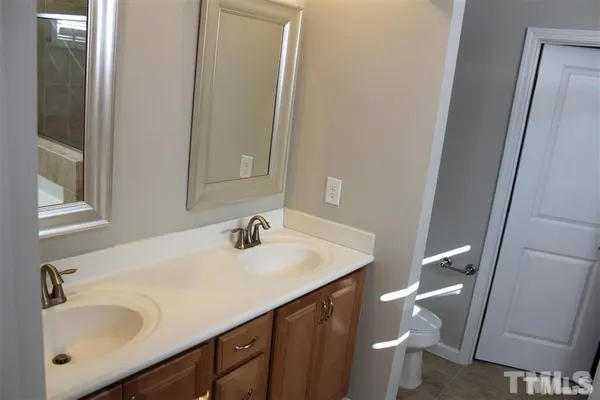 a bathroom with a sink vanity and a mirror