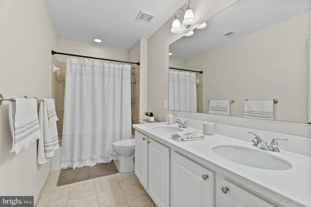 a bathroom with a double vanity sink mirror and toilet