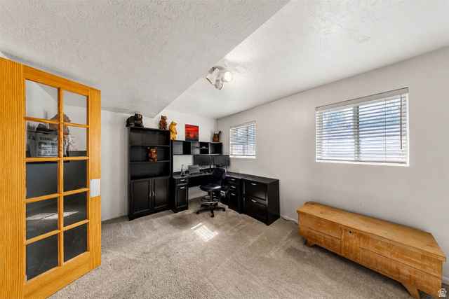 9990 Albury Road Sandy, UT 84092 - Photo 18 of 36 Carpeted interior room featuring a light wood-finish door with glass panels, white walls, and two windows with blinds