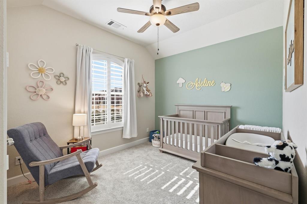 1701 Shetland Road Aubrey, TX 76227 - Photo 15 of 34 Recently replaced carpet and neutral tones warm this bedroom, and you look out through the plantation shutters to the open green space in front of the home!