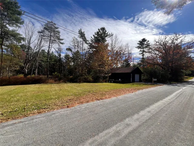 a view of a yard with large trees