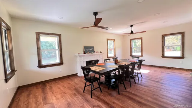 a view of a dining room with furniture window and wooden floor