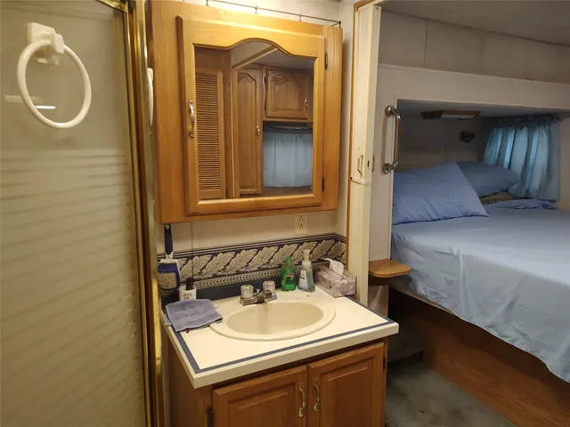 a bathroom with a sink and a mirror