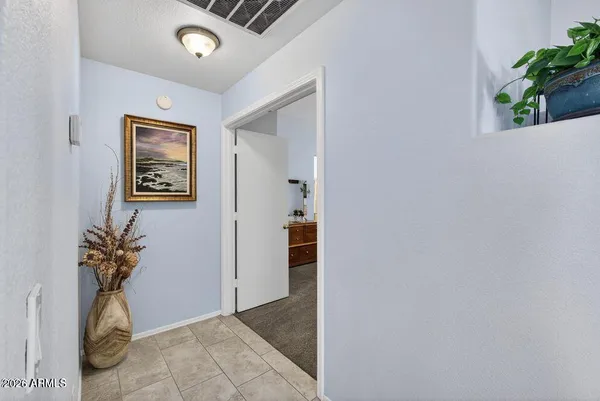 an entryway with a flower pot and a potted plant