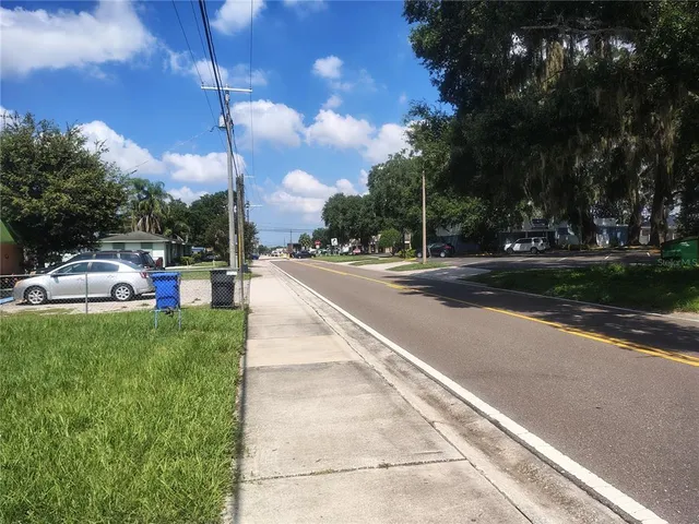 a view of a park with large trees