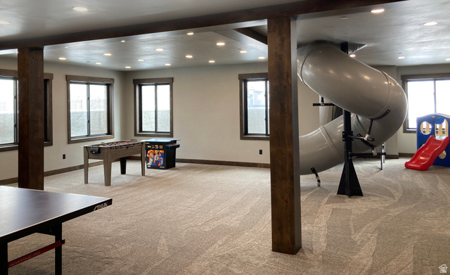 259 Meadow Drive Springville, UT 84663 - Photo 49 of 62 Rec room with recessed lighting, light colored carpet, and plenty of natural light