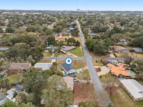 an aerial view of a backyard