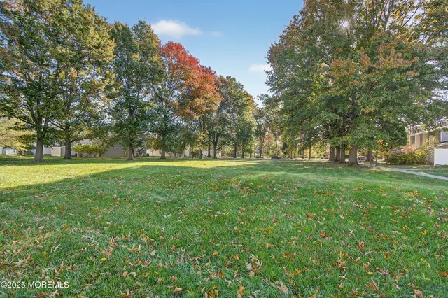 a view of grassy field with benches and trees all around