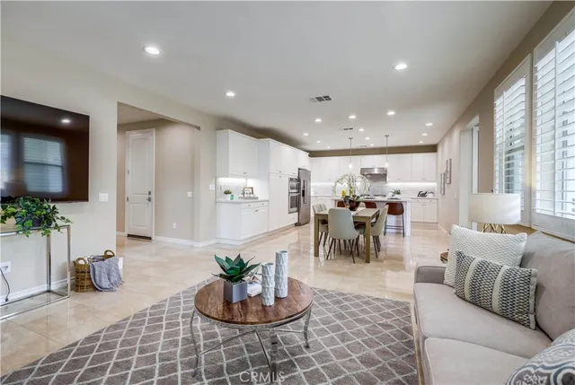 a view of a dining room with furniture
