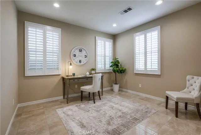 a living room with furniture plant and a window