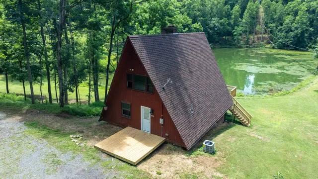 a backyard of a house with plants and large trees