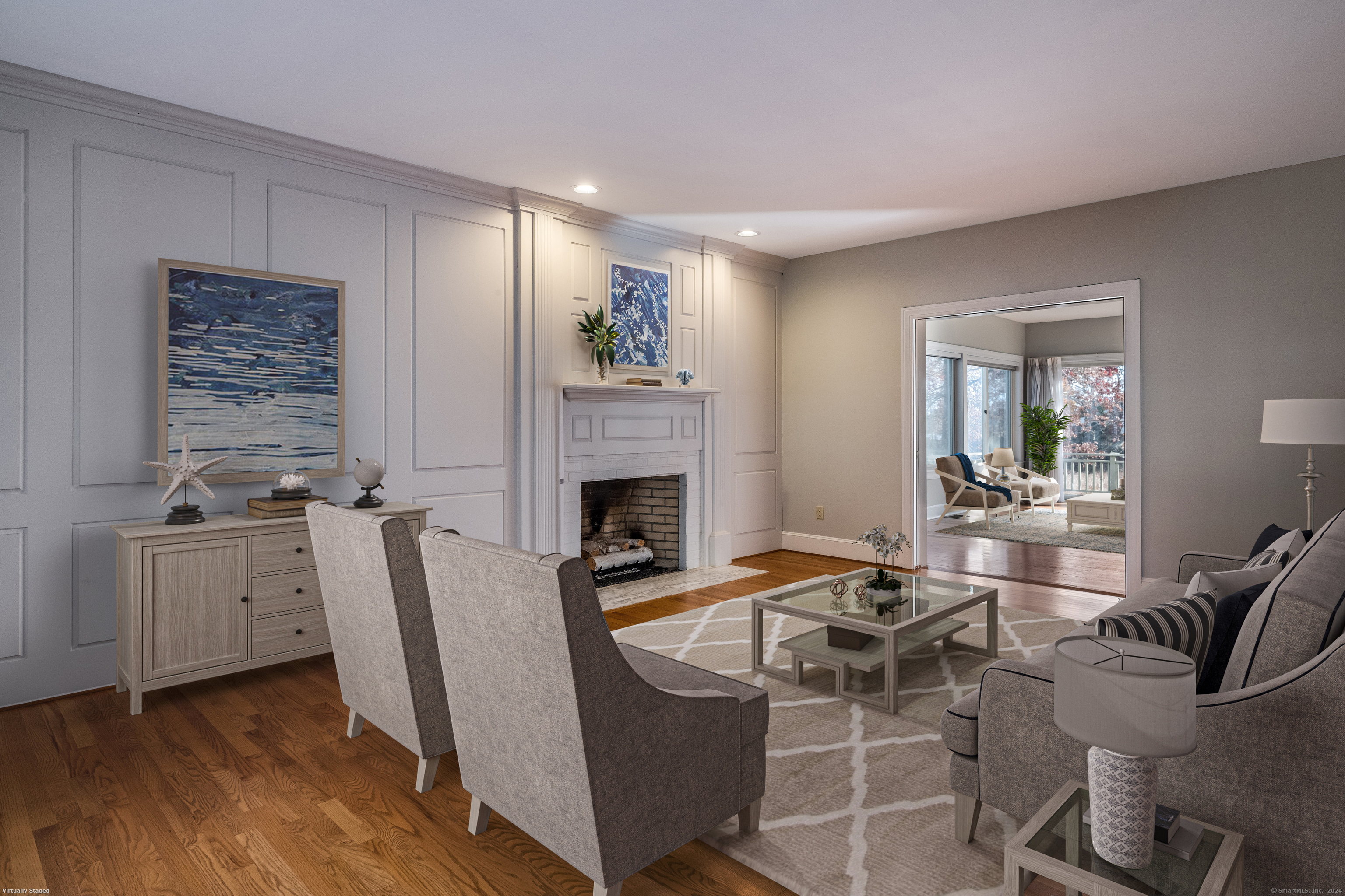 13 Longview Terrace, Unit 13 Madison, CT 06443 - Photo 7 of 31 a living room with furniture a fireplace and kitchen view