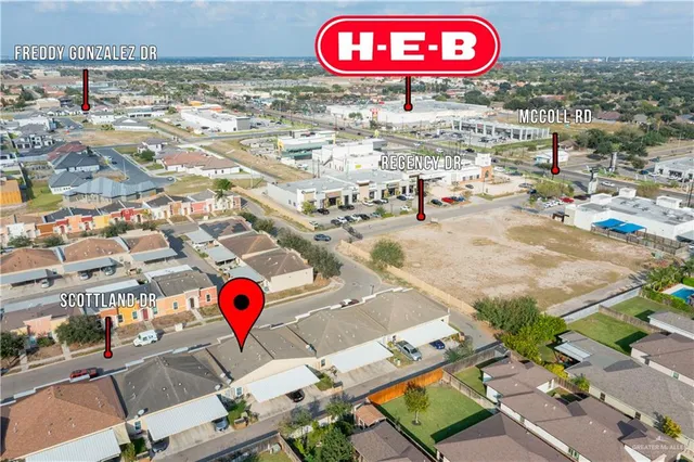 an aerial view of a swimming pool