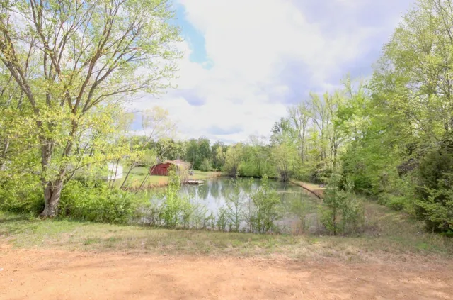 a view of a lake with houses in the background