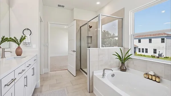 a bathroom with a bathtub and a shower