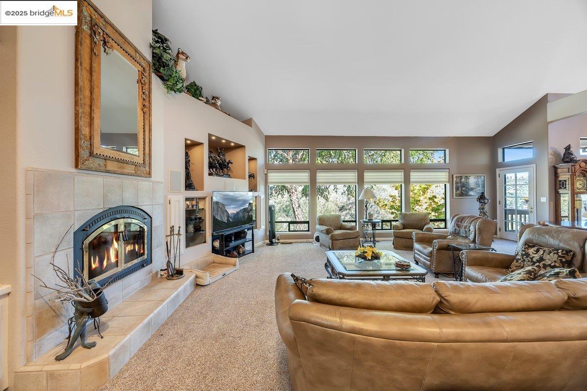 13700 Clements Road Groveland, CA 95321 - Photo 6 of 58 Living room with carpet, a fireplace, and high vaulted ceiling