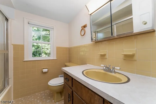 a bathroom with a sink a toilet and mirror