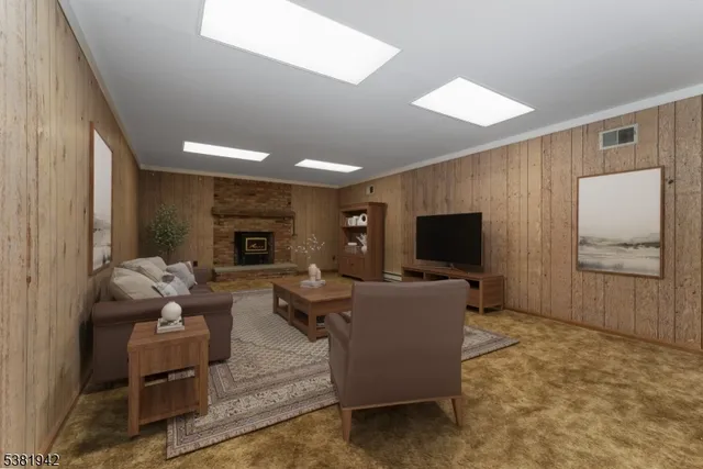 a living room with furniture a flat screen tv and a fireplace