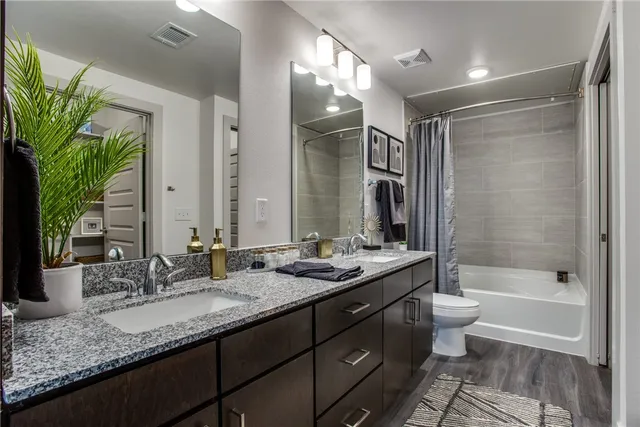 a bathroom with a granite countertop sink toilet and shower