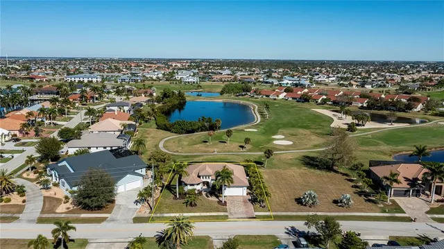 an aerial view of a building with outdoor space