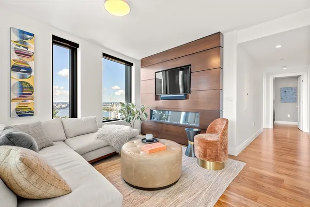 a living room with furniture and a potted plant