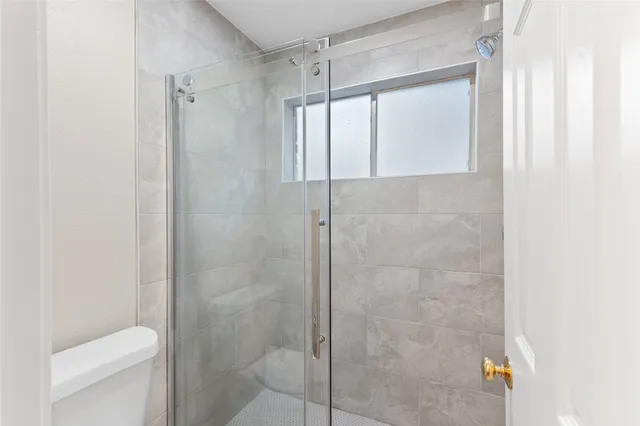 a bathroom with a shower and a toilet