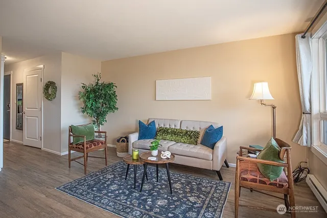 a living room with furniture and a rug
