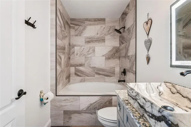 an outdoor space with furniture