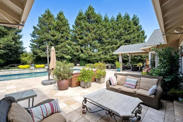 a view of a patio with couches table and chairs and potted plants
