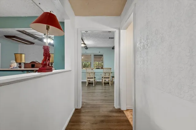 a view of dining room with wooden floor