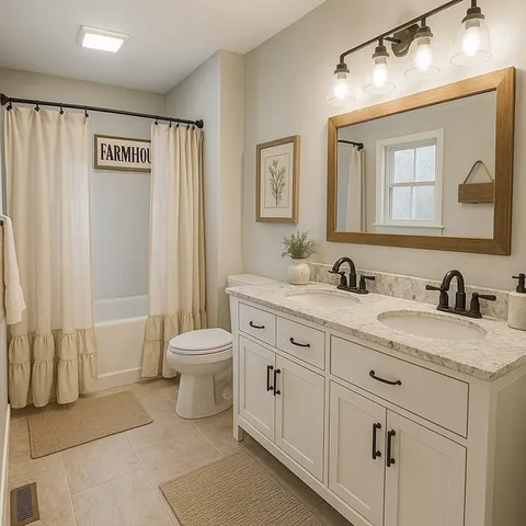 a bathroom with a granite countertop sink toilet a large mirror a shower and a mirror