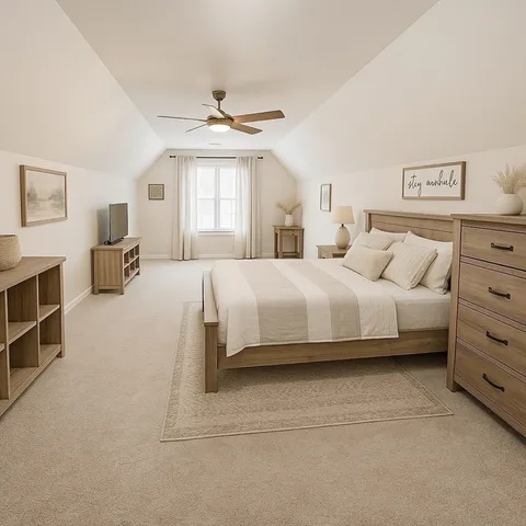 a bedroom with a bed and ceiling fan